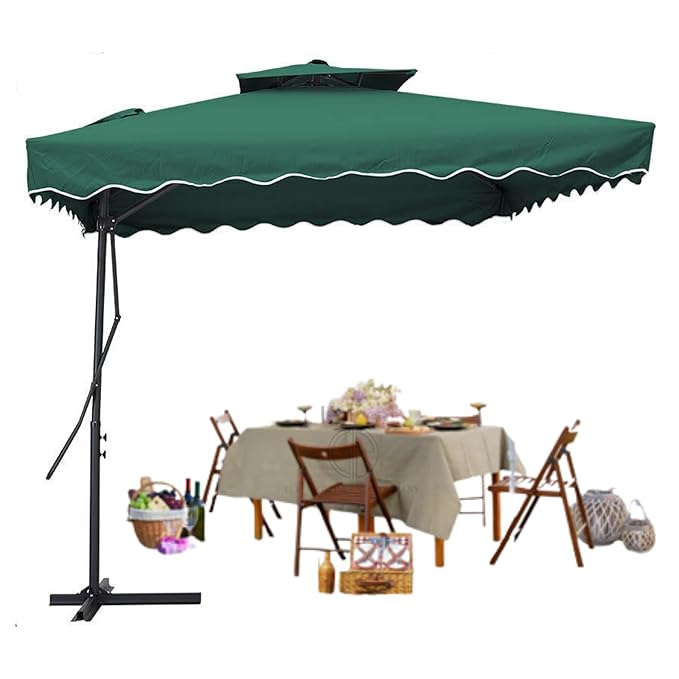 Green patio umbrella over a dining table with chairs on a white background