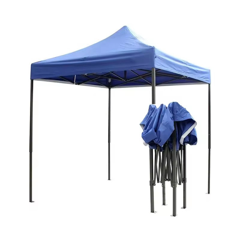 Blue pop-up canopy tent with folded legs and covers on a white background