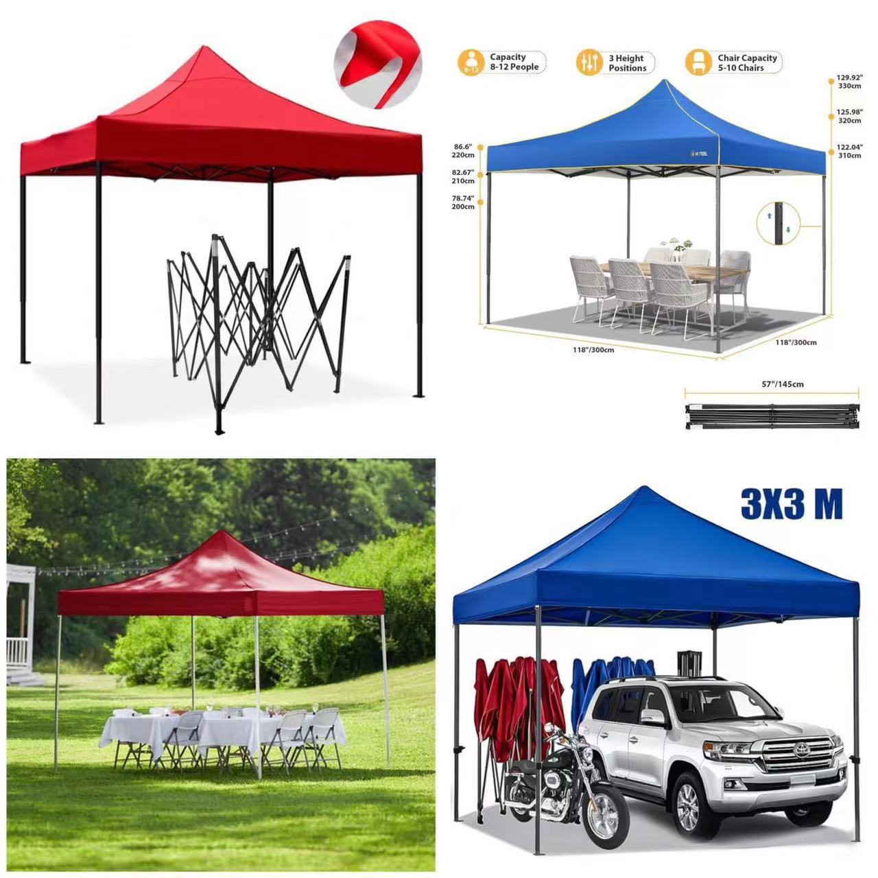 Collage of red and blue pop-up canopies with various uses including outdoor events and car parking.