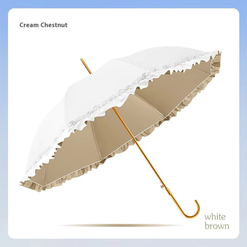 Umbrella with white canopy and brown ribs on a light blue background