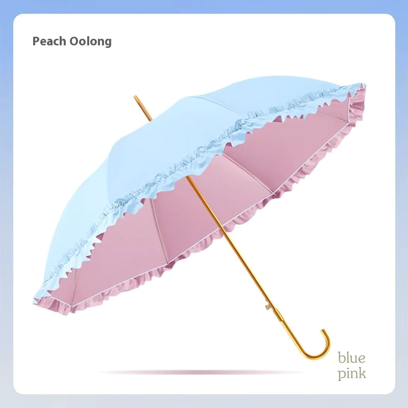Umbrella with pink and blue design on a light blue background