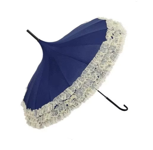 Blue umbrella with lace trim on a white background