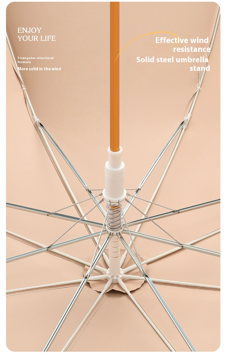 Close-up of an umbrella with text on wind resistance and solid steel stand.
