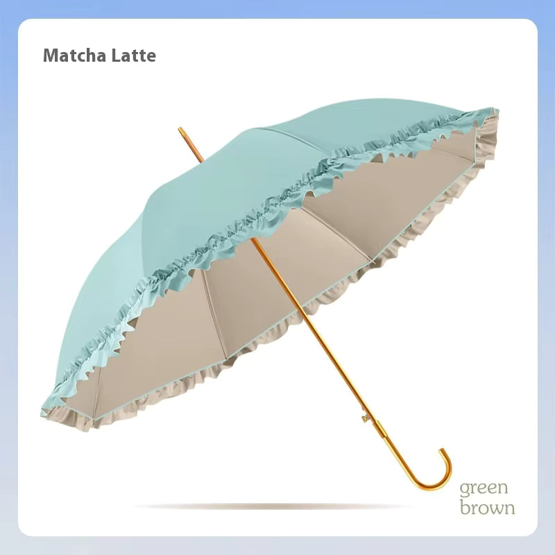 Umbrella with green and brown design on a light blue background