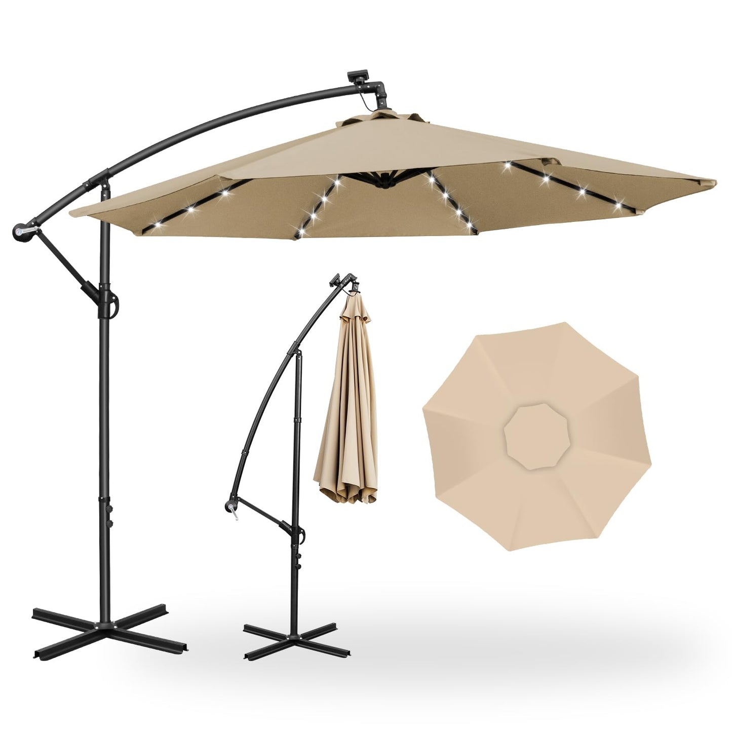 Beige patio umbrella with a stand on a white background sky brand umbrella