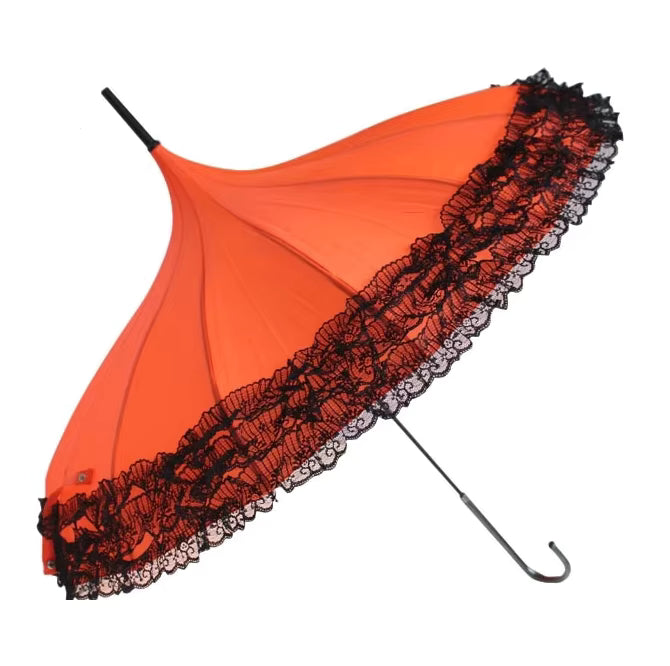 Orange umbrella with black lace trim