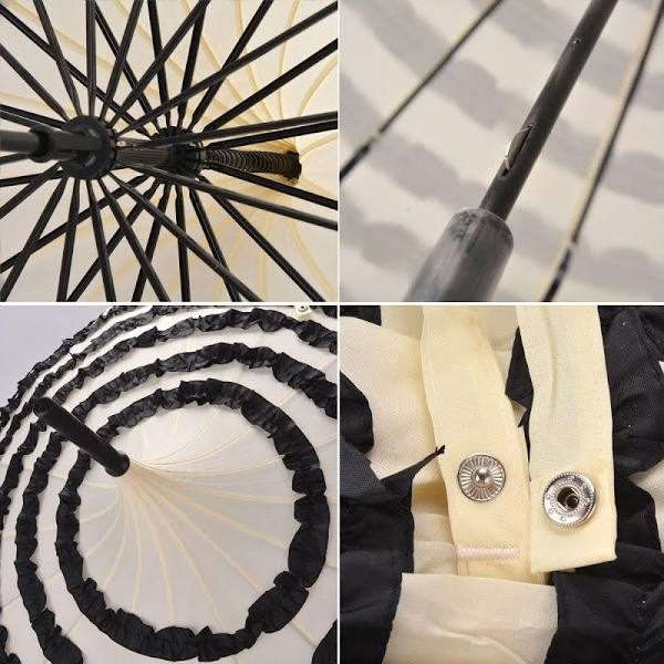 Collage of close-up images of an umbrella with black and white design, including handle, canopy, and buttons.