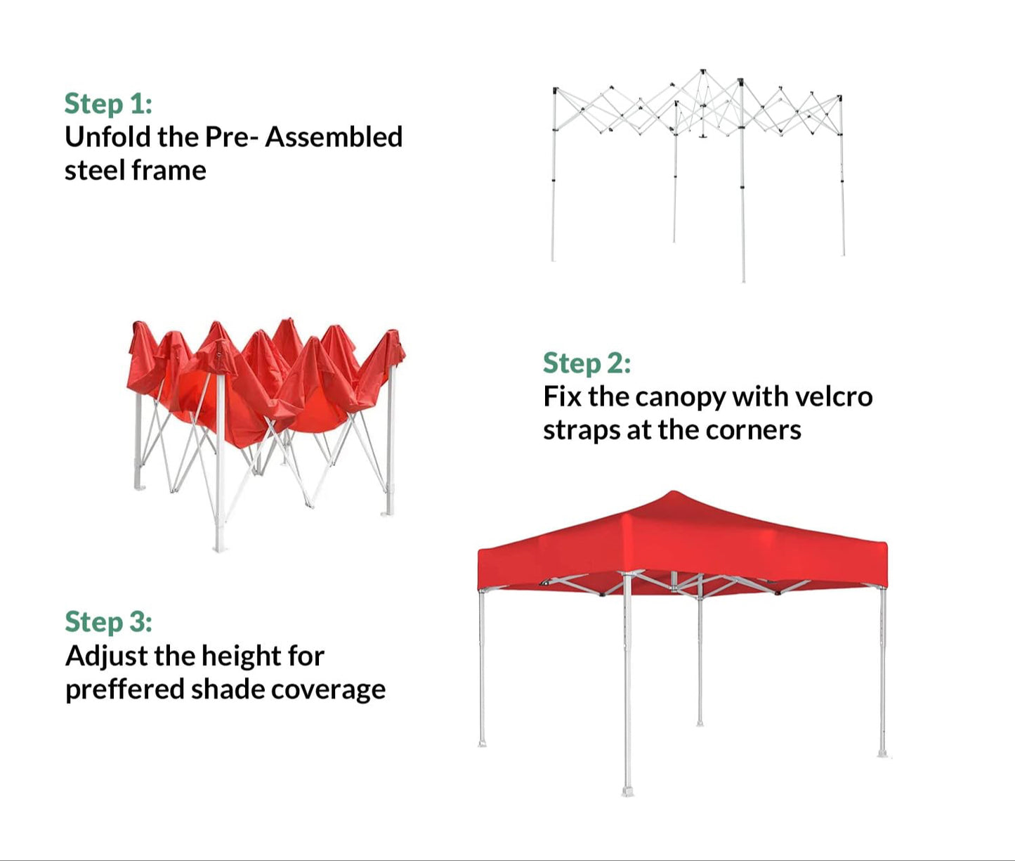 Red pop-up canopy tent with assembly instructions on a white background