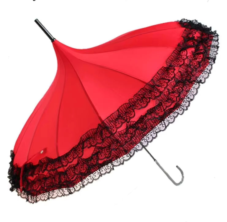 Red umbrella with black lace trim