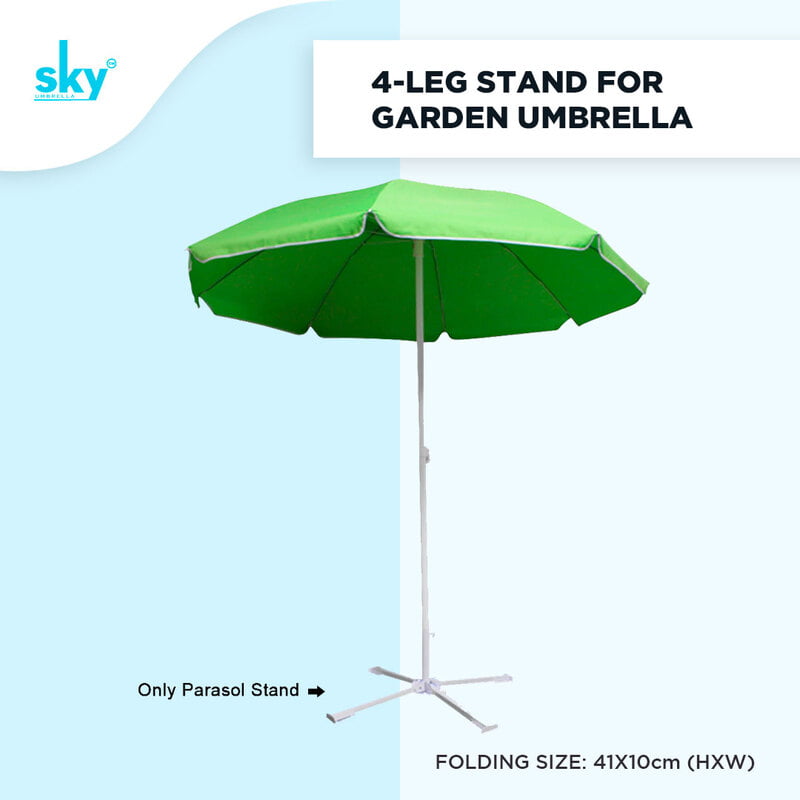 Green garden umbrella with a four-leg stand on a light blue background, featuring the brand 'sky'.