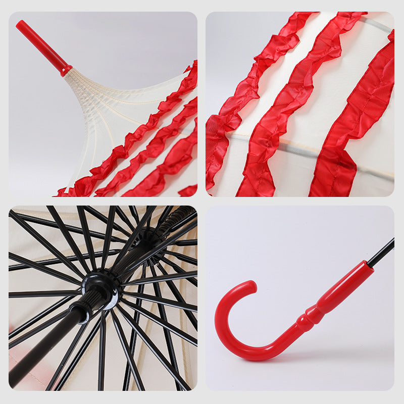 Collage of a red and white striped umbrella with close-up details on a light gray background.