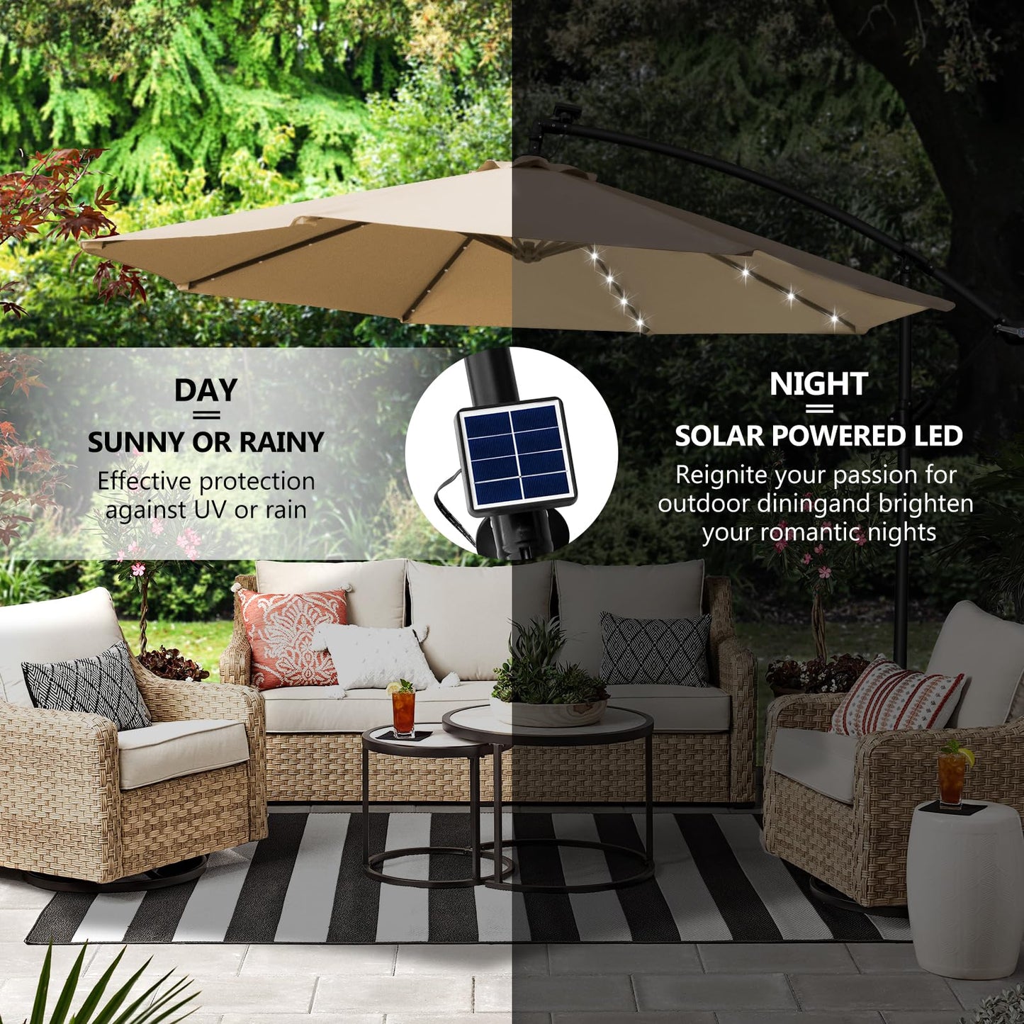 Outdoor patio set with a solar-powered umbrella in a garden setting