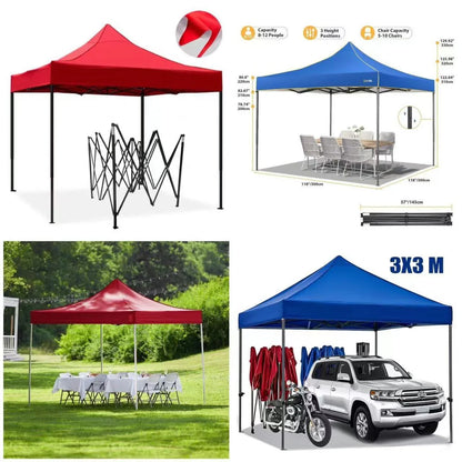 Collage of red and blue pop-up canopies with various uses including outdoor events and car parking.
