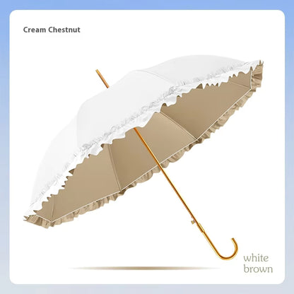Umbrella with white canopy and brown ribs on a light blue background