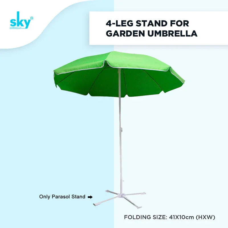 Green garden umbrella with a four-leg stand on a light blue background, featuring the brand 'sky'.