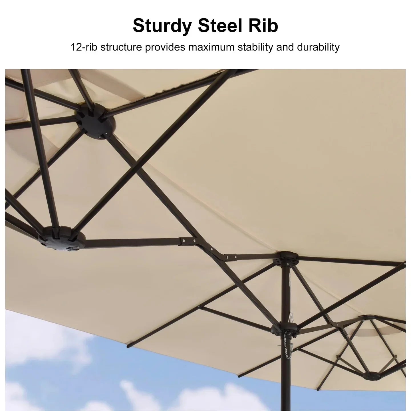 Close-up of a beige patio umbrella with a black steel rib structure against a blue sky.