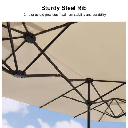 Close-up of a beige patio umbrella with a black steel rib structure against a blue sky.
