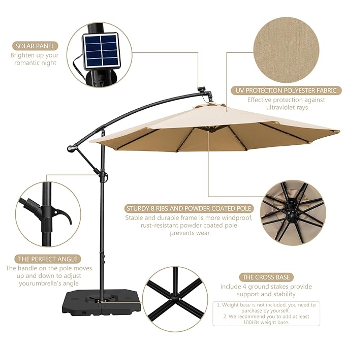 Beige patio sky umbrella with solar panel and features highlighted on a white background