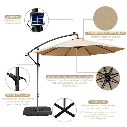 Beige patio sky umbrella with solar panel and features highlighted on a white background