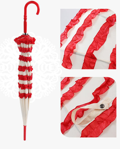 Red and white striped umbrella with close-up details 