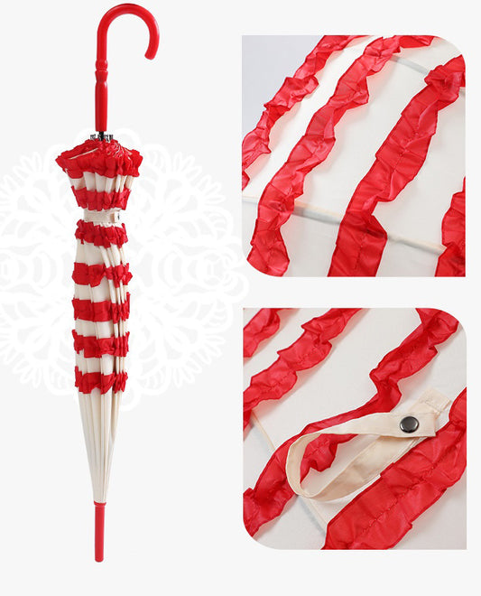 Red and white striped umbrella with close-up details 