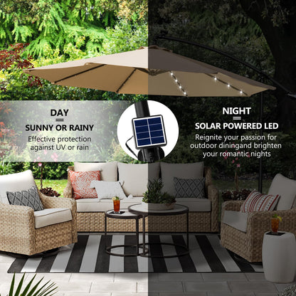 Outdoor patio set with a solar-powered umbrella in a garden setting
